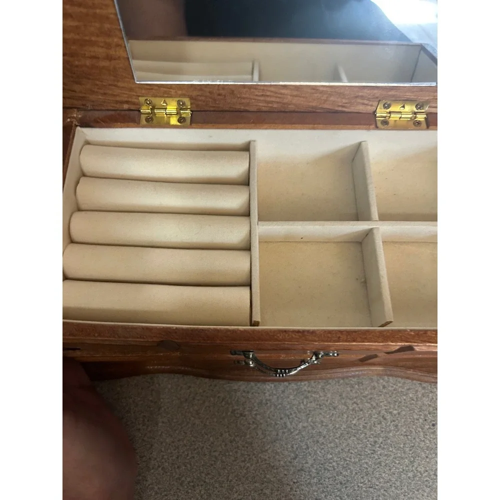Vintage Wooden Jewelry Box Chest Mirror Ring Rolls 2 Drawers Brown Wood Storage